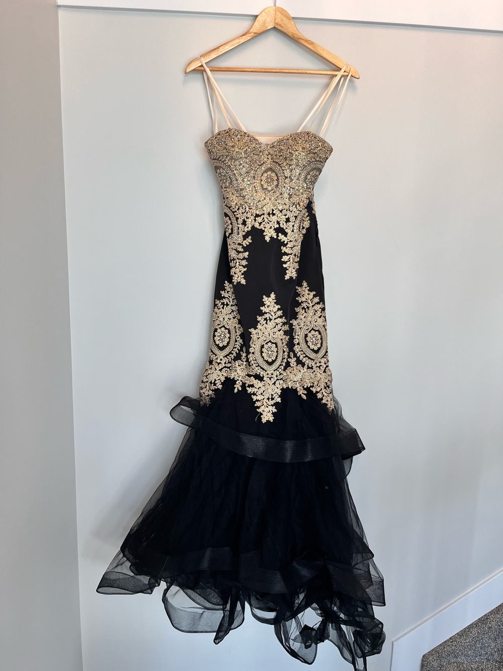 Black and Gold Strapless Beaded Mermaid Grad Dress - Size 2 - Picture 5 of 17